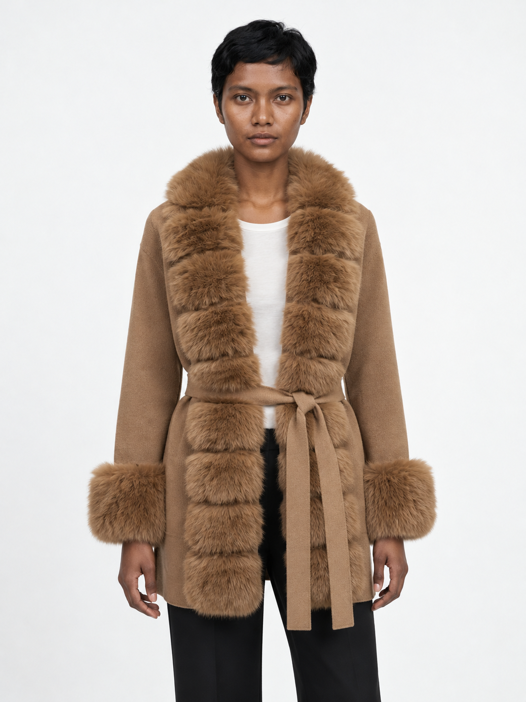 Plush-Trim Belted Cardigan · model-front