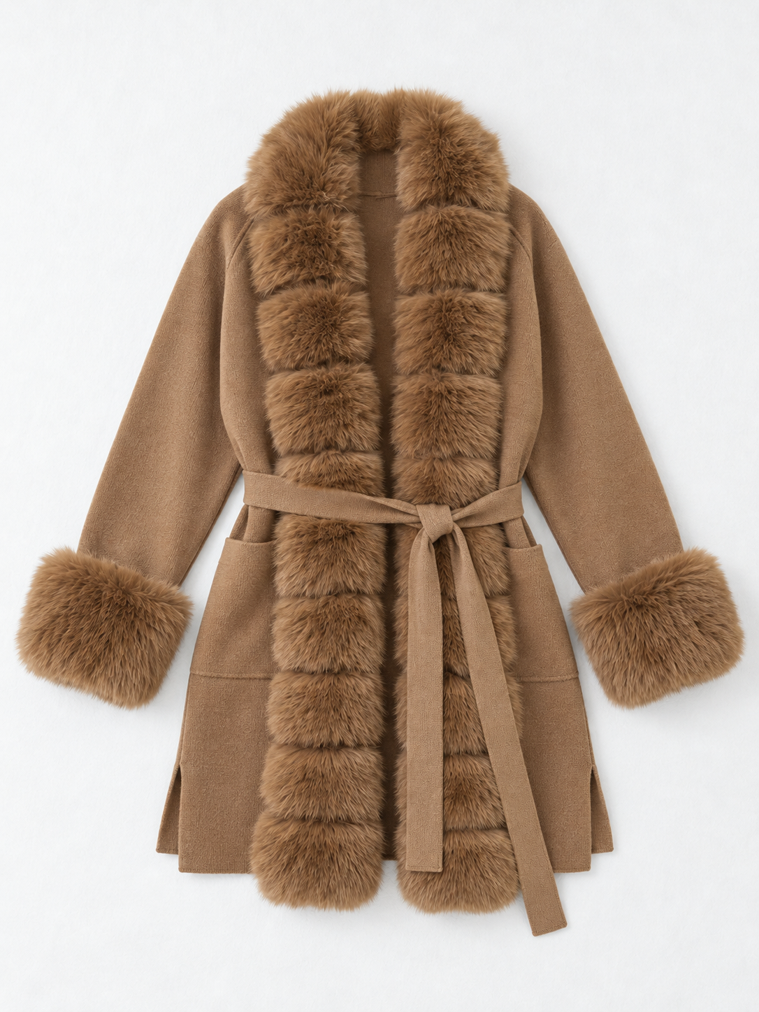 Plush-Trim Belted Cardigan · flat-front