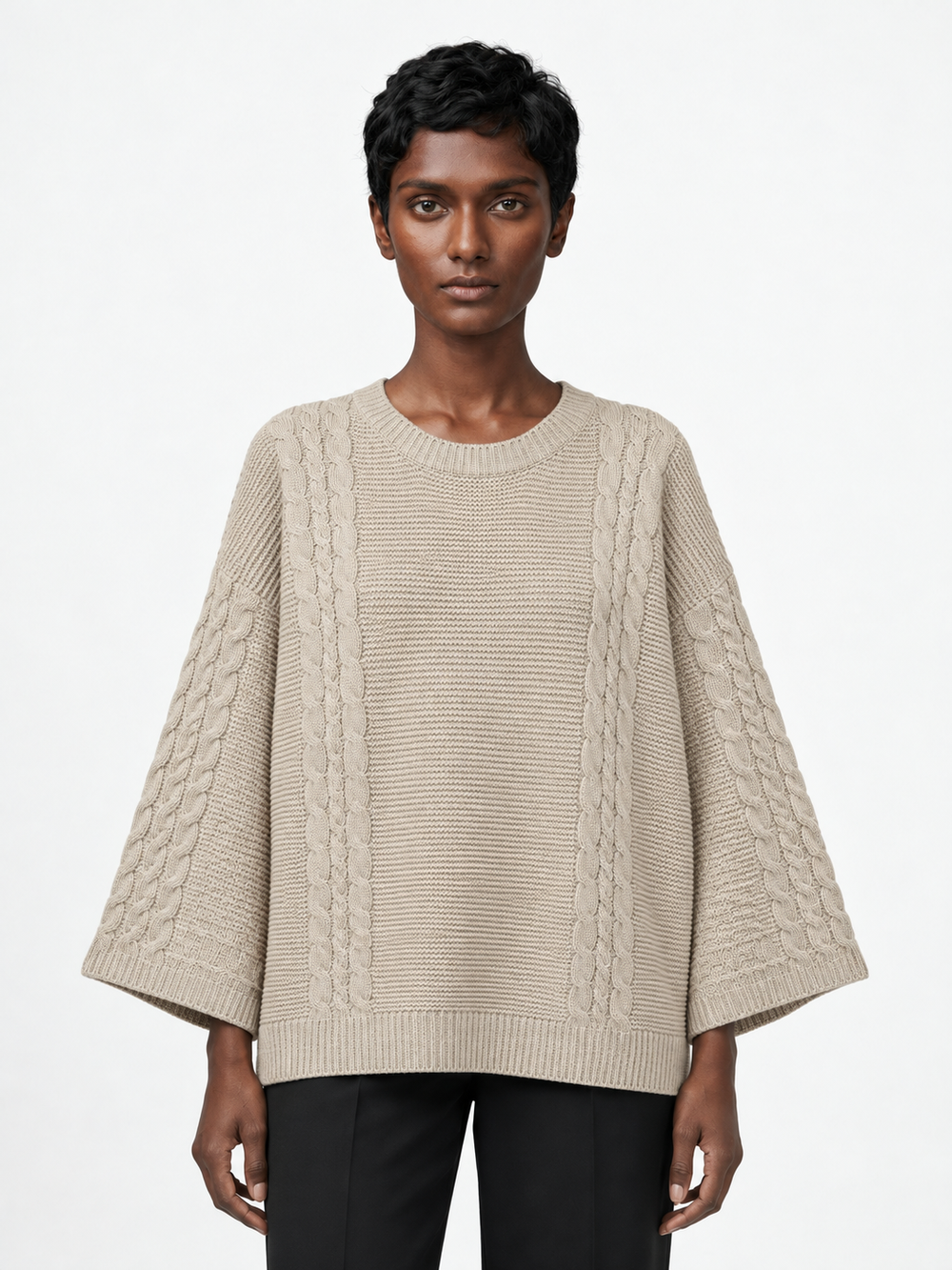 Cable-Panel Wide-Sleeve Sweater