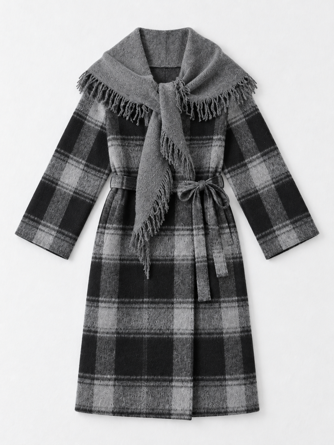 Plaid Scarf-Collar Belted Coat · flat-front