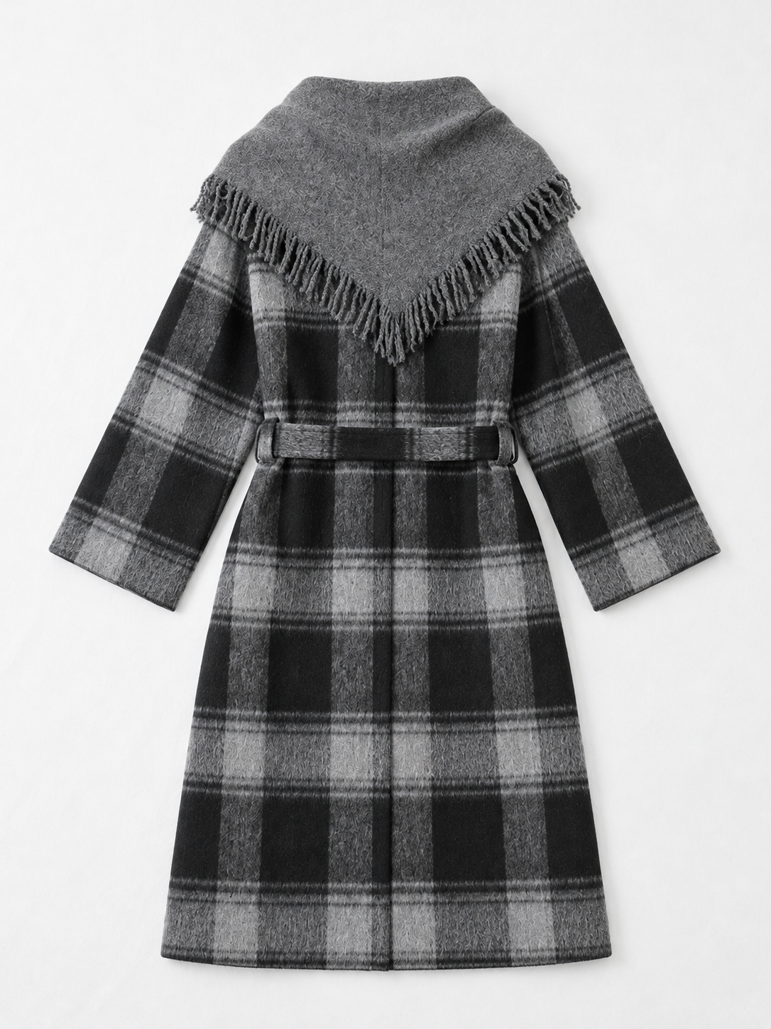 Plaid Scarf-Collar Belted Coat · flat-back