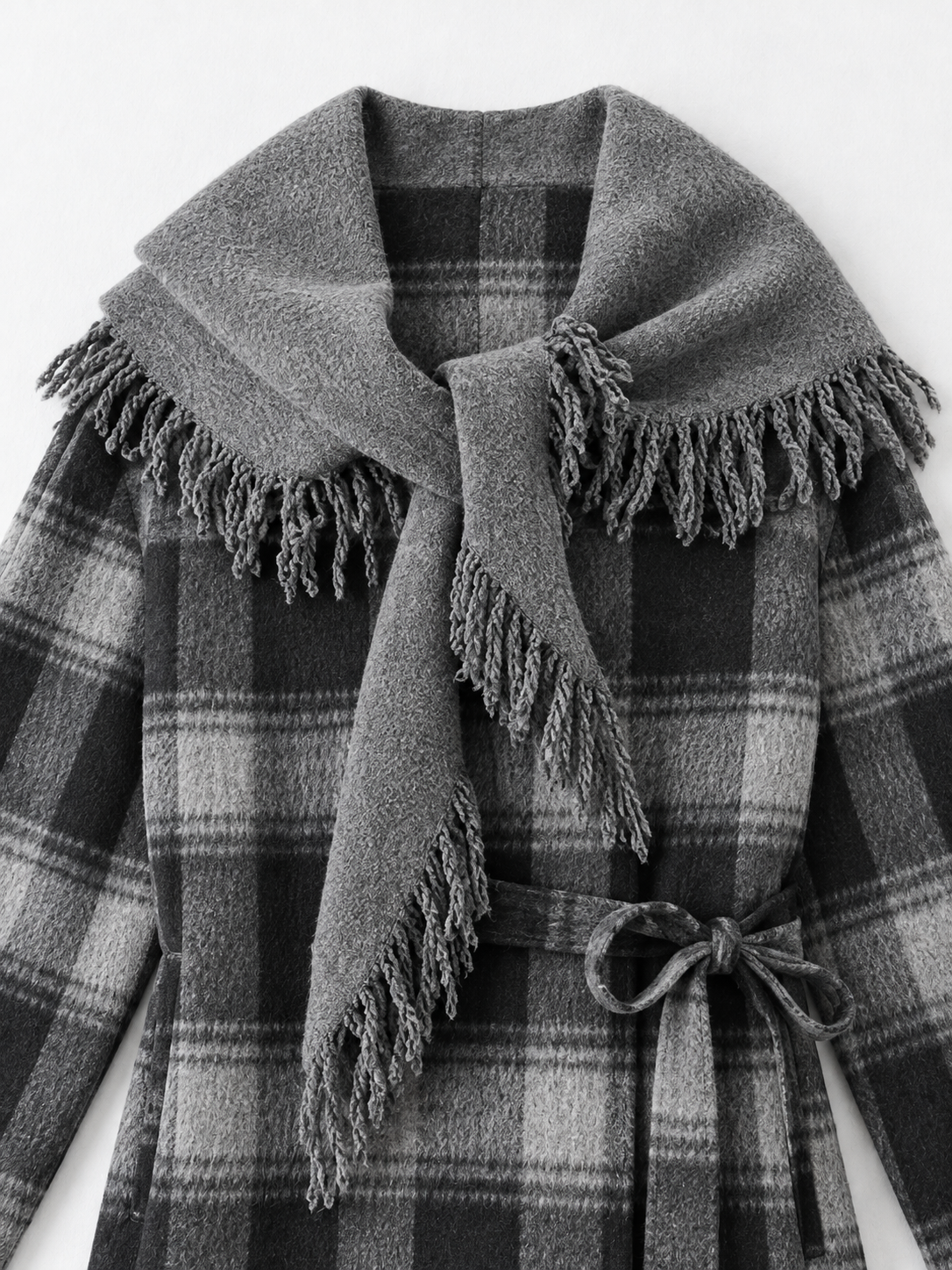 Plaid Scarf-Collar Belted Coat · detail-1