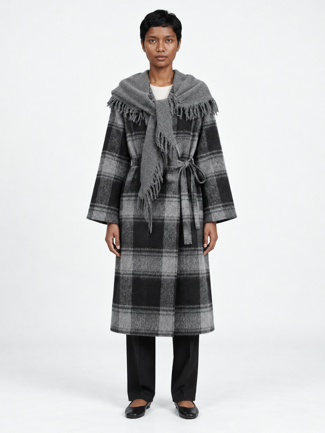 Plaid Scarf-Collar Belted Coat · model-front