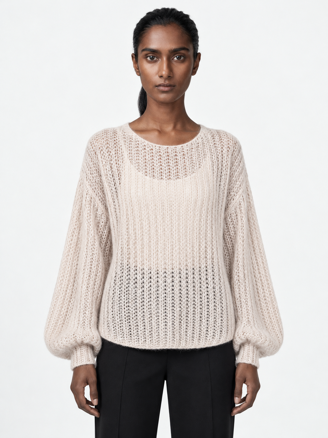 Open-Knit Lantern-Sleeve Sweater · model-front