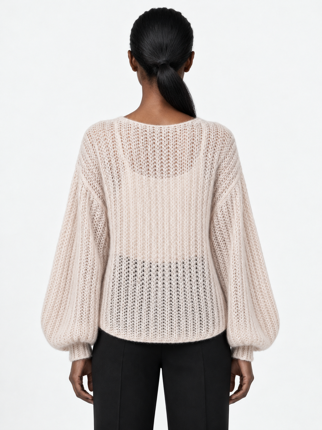 Open-Knit Lantern-Sleeve Sweater · model-back