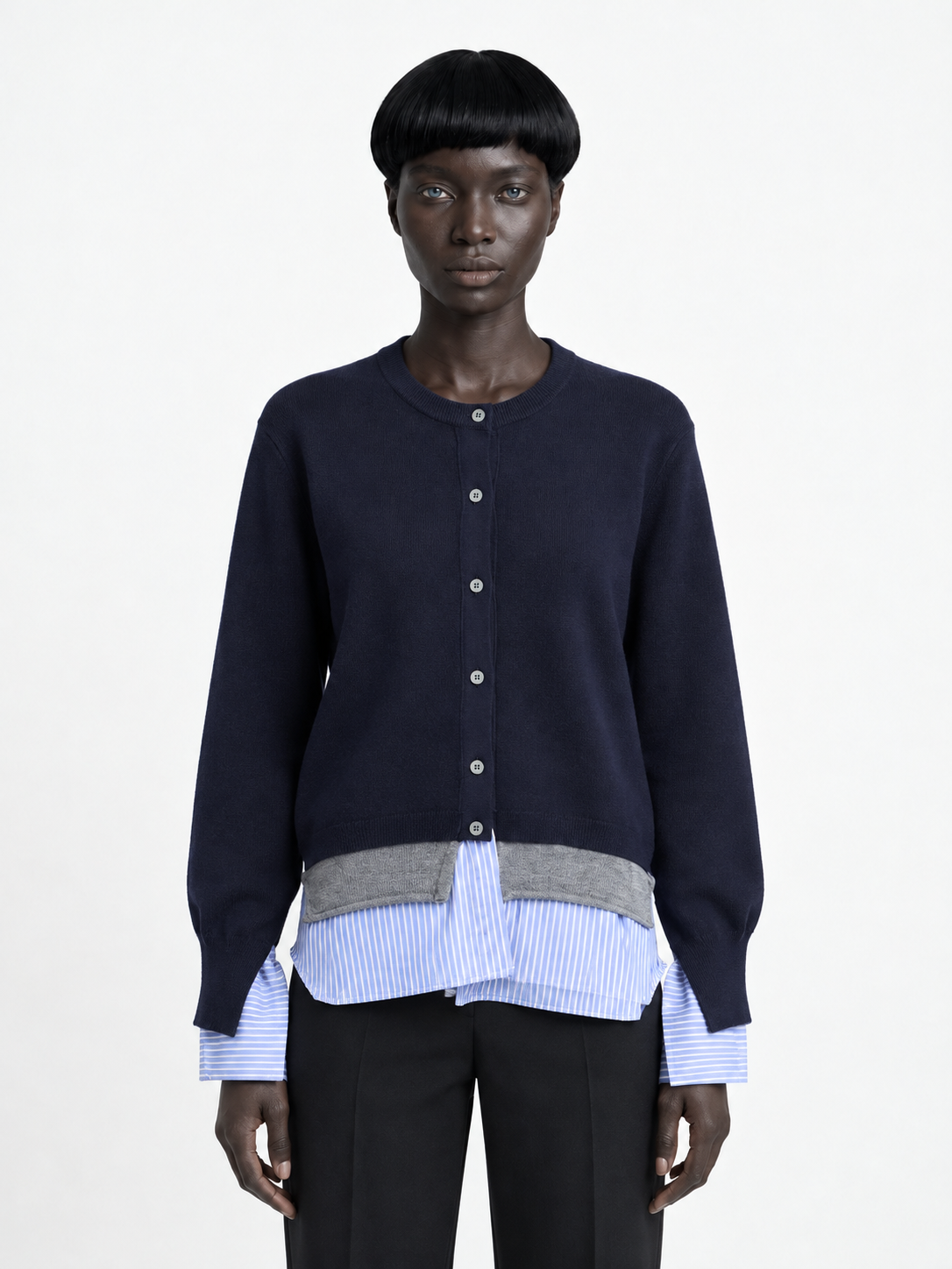 Stripe-Trim Crewneck Cardigan · model-front