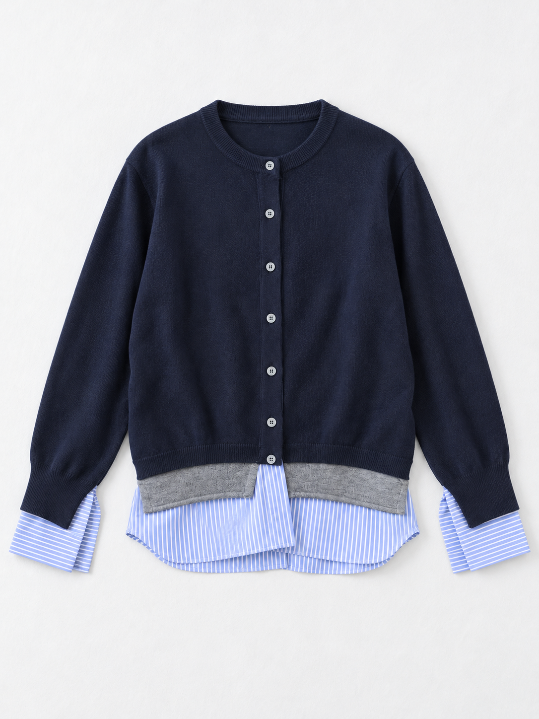 Stripe-Trim Crewneck Cardigan · flat-front