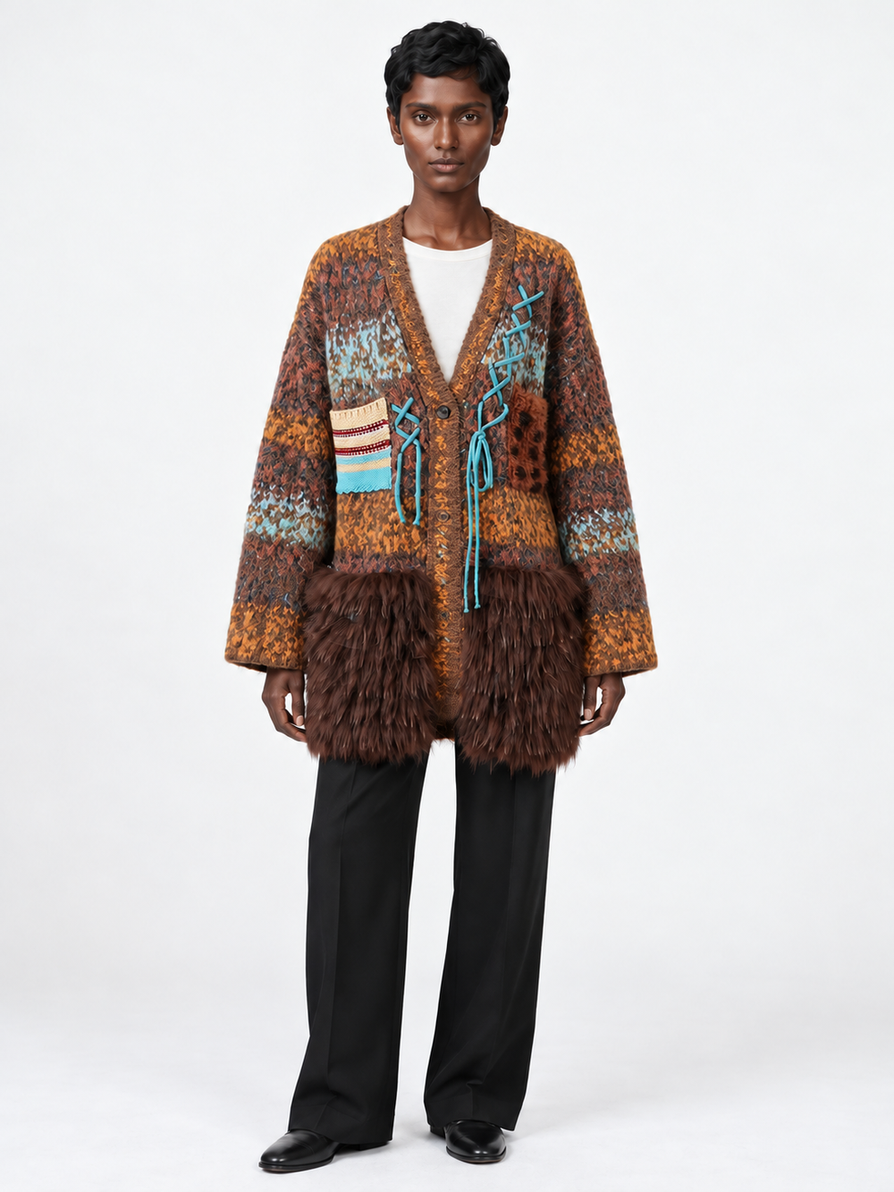 Mixed-Knit Plush-Panel Cardigan