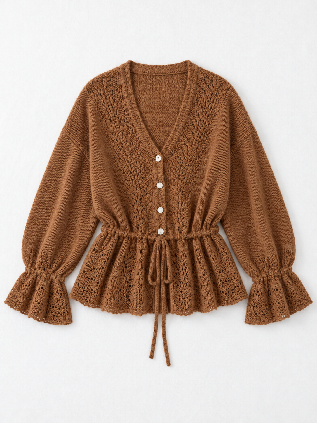 Drawstring Peplum Knit Cardigan · flat-front