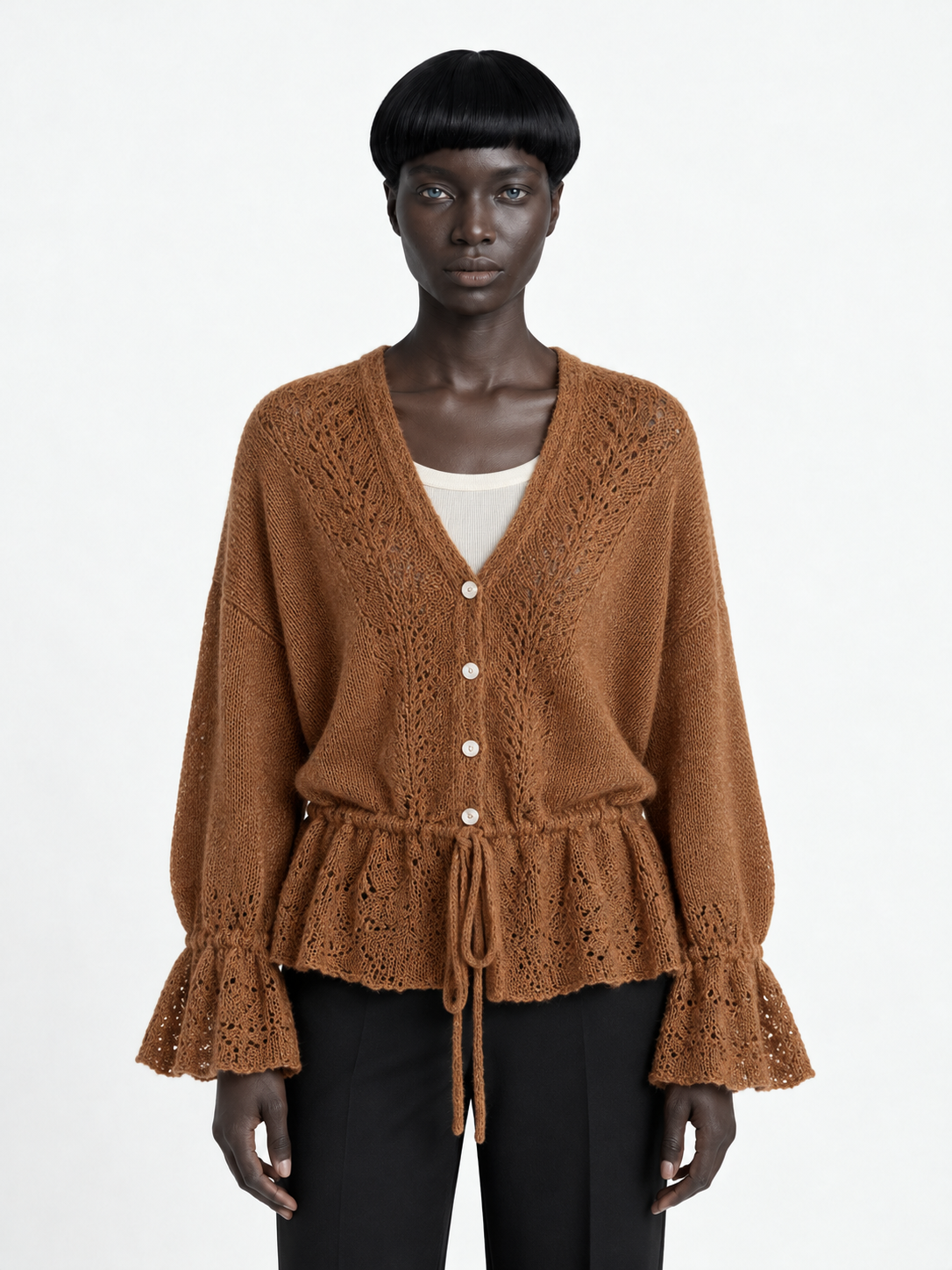 Drawstring Peplum Knit Cardigan · model-front