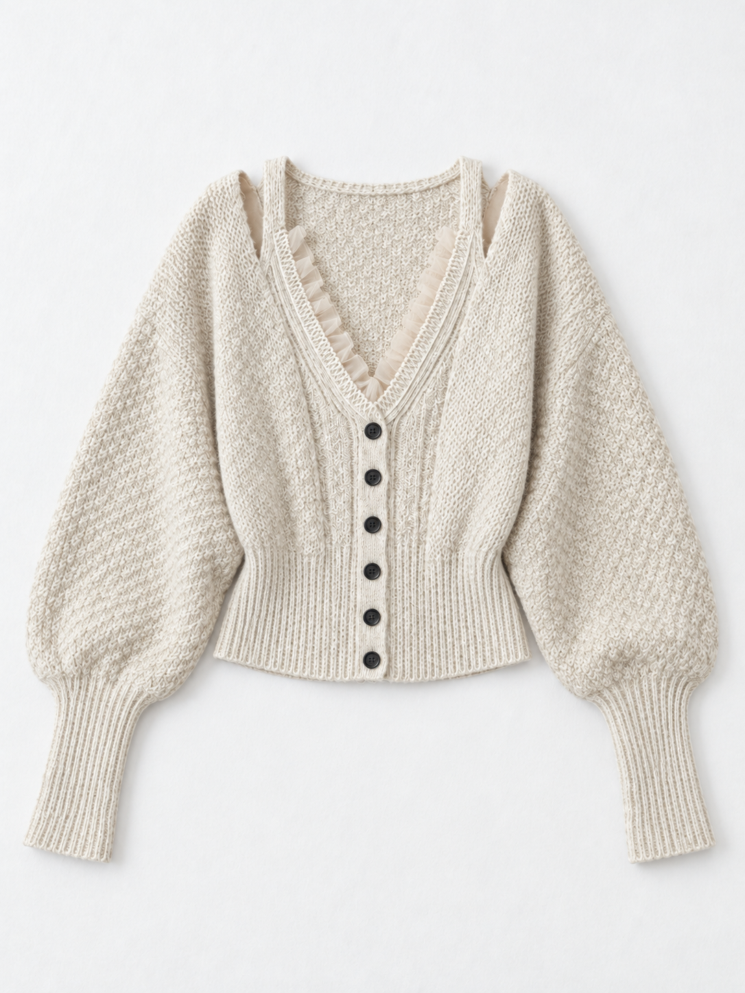 Lace-Edge Batwing Knit Cardigan · flat-front