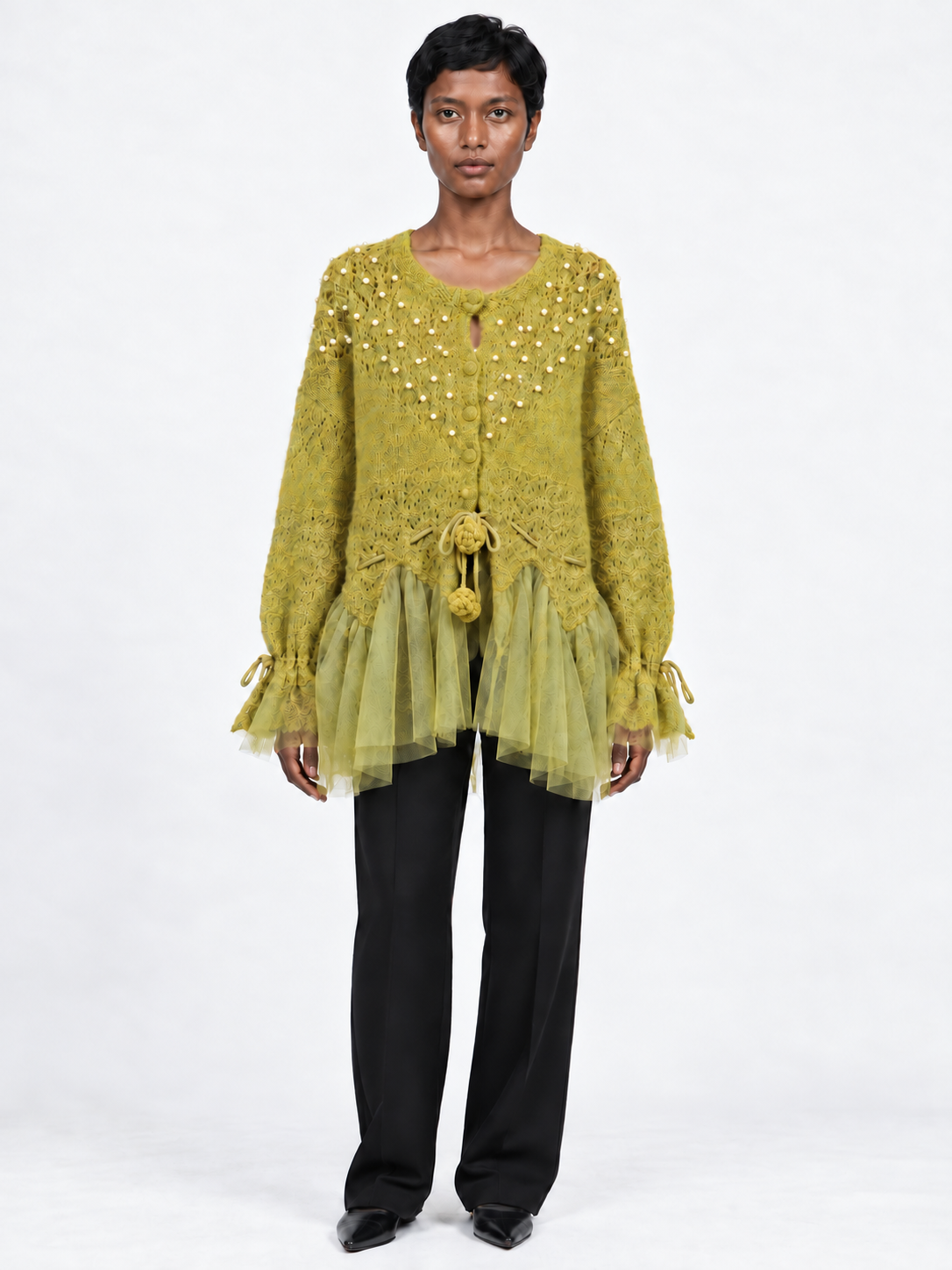 Beaded Mesh-Hem Knit Cardigan · model-front