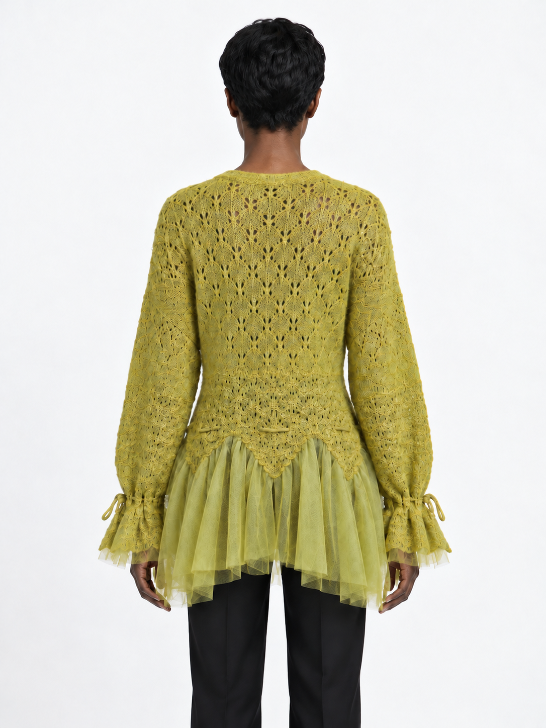 Beaded Mesh-Hem Knit Cardigan · model-back