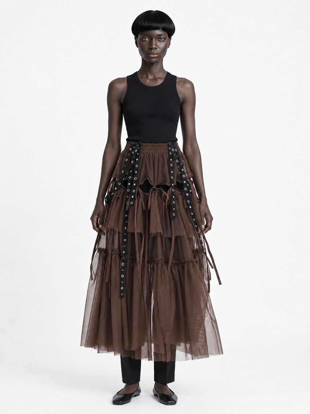 Eyelet-Strap Tiered Mesh Skirt