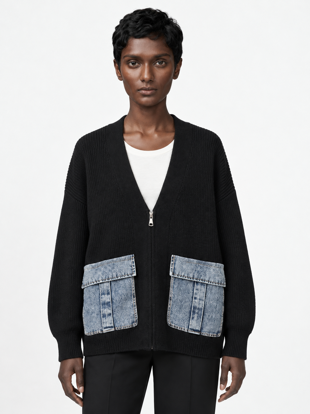 Denim-Pocket V-Neck Zip Cardigan · model-front