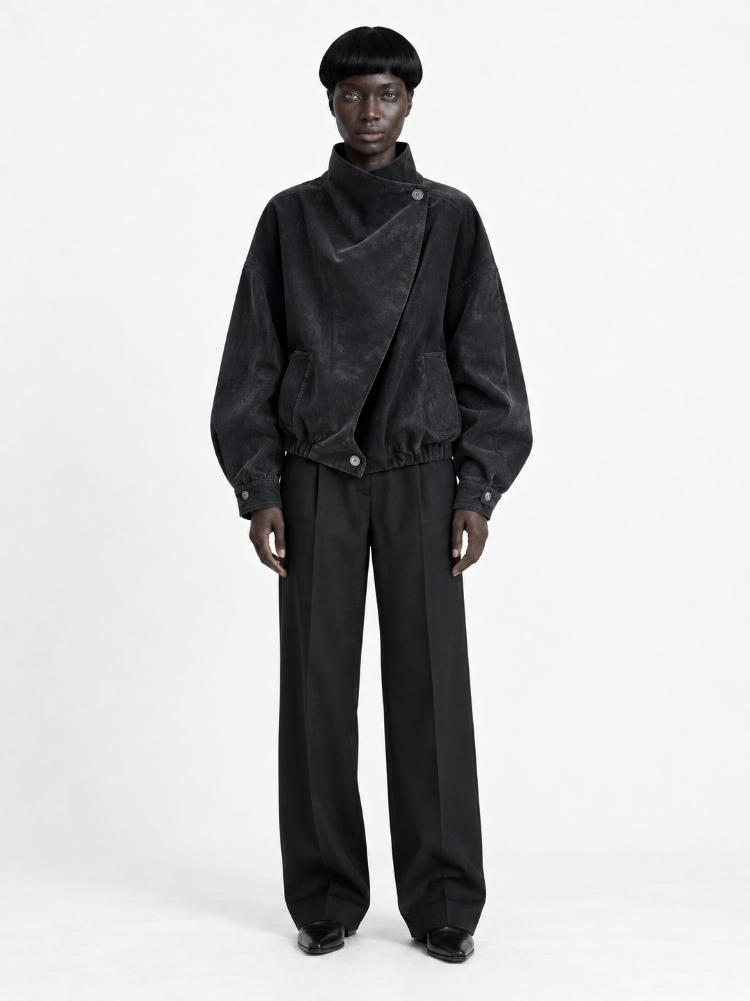 Asymmetric Stand-Collar Jacket · model-front