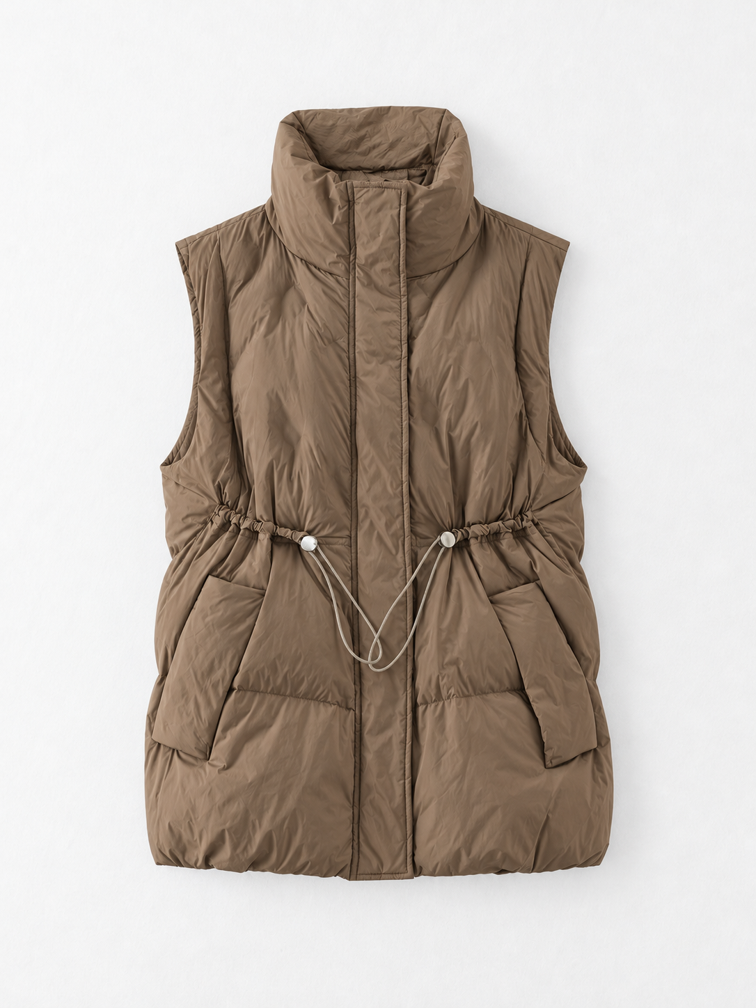 Drawstring Stand-Collar Padded Vest · flat-front