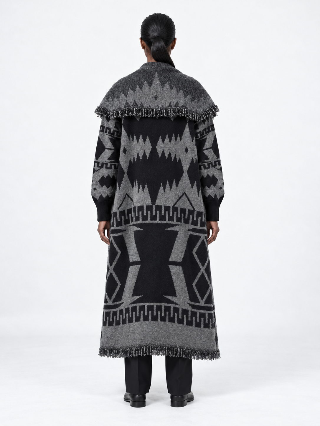 Geometric Fringed Long Cardigan · model-back