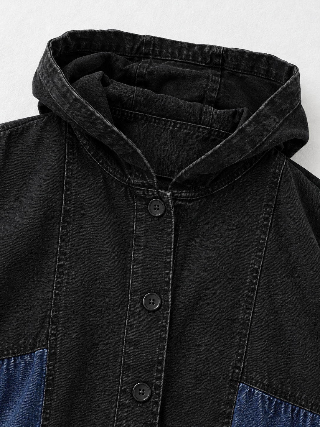 Denim-Panel Hooded Long Coat · detail-1