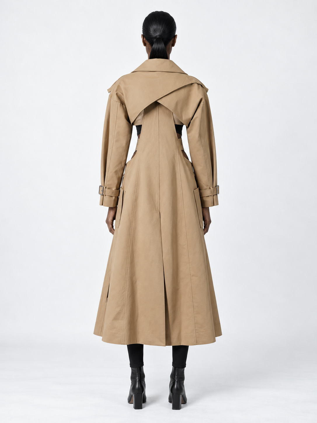 Cutout-Waist Belted Trench · model-back