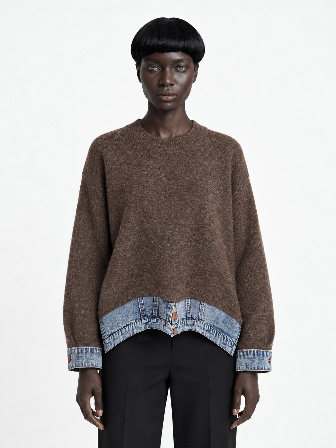 Denim-Hem Knit Sweater · model-front
