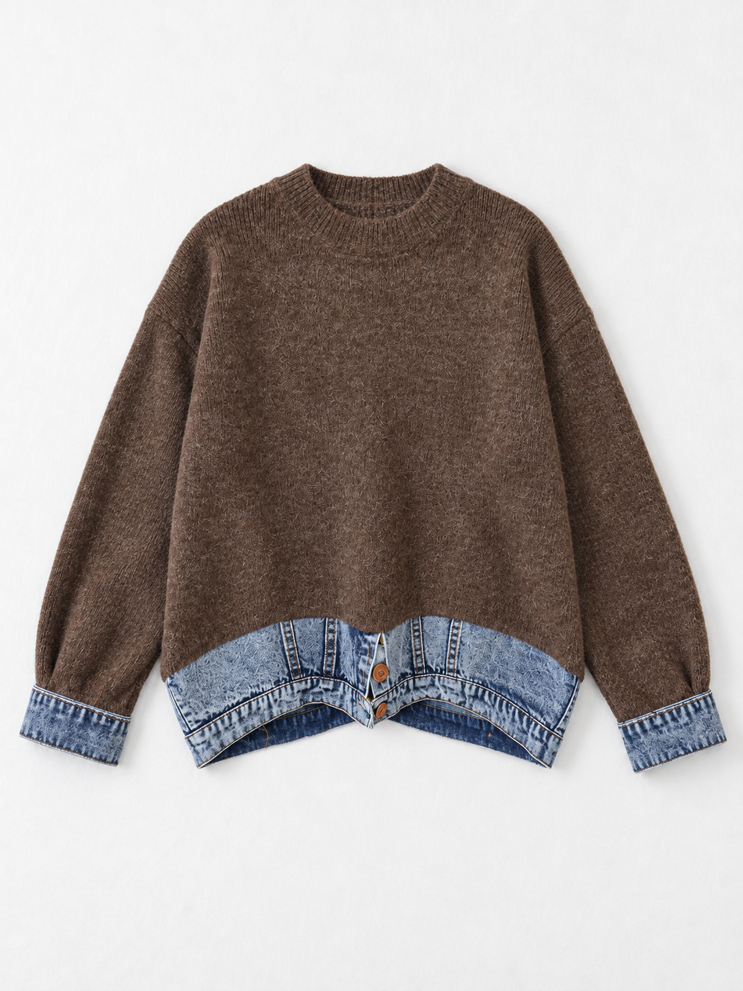 Denim-Hem Knit Sweater · flat-front