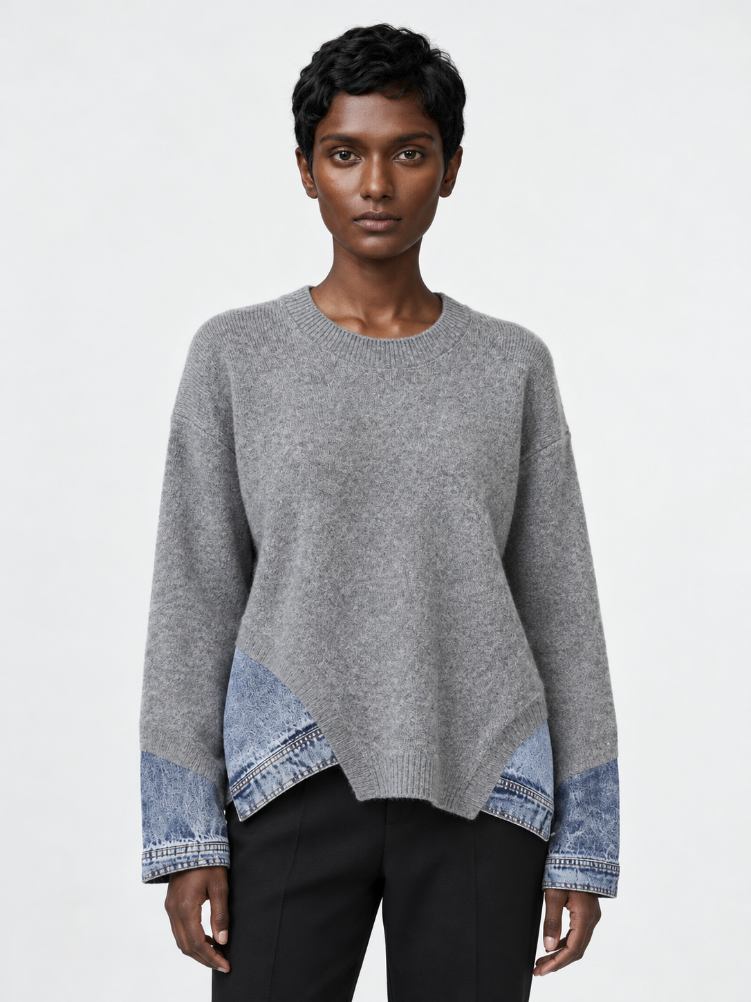 Denim-Insert Knit Sweater · model-front