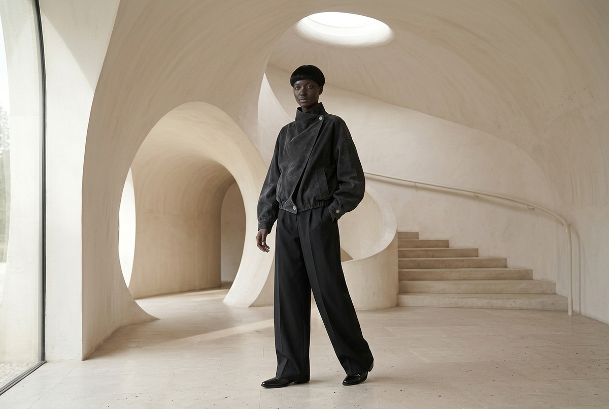 Charcoal asymmetric jacket with wide-leg trousers in the curved pavilion